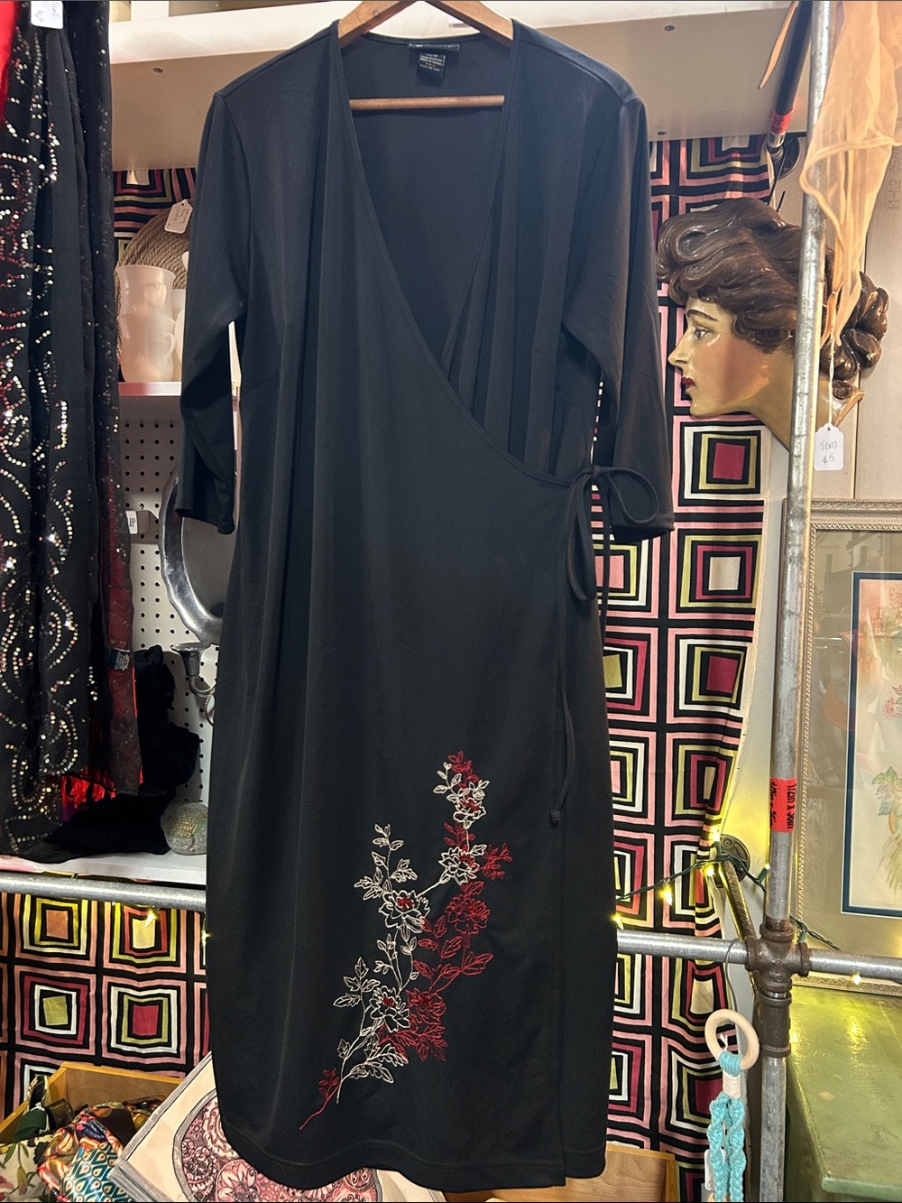 Lane Bryant Black Wrap Dress with Red & White Floral Embroidery Size 14/16